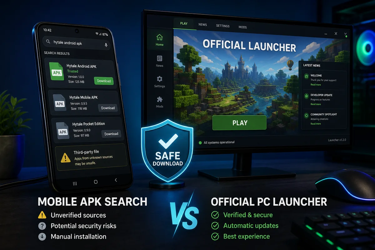 Android phone showing Hytale Android status beside an official desktop launcher screen