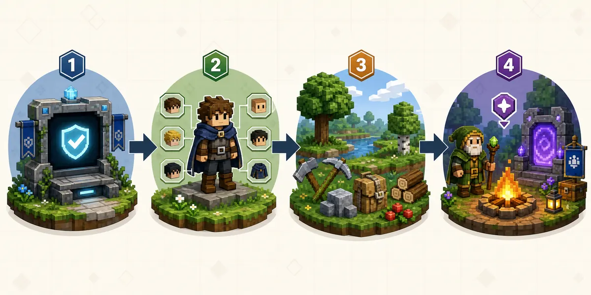 Editorial timeline graphic for the first hour of Hytale beginner setup, character creation, gathering, and safe exploration