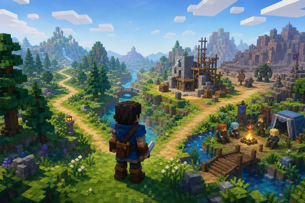 Editorial concept image of a new Hytale-style adventurer choosing paths for exploring, building, combat, and multiplayer