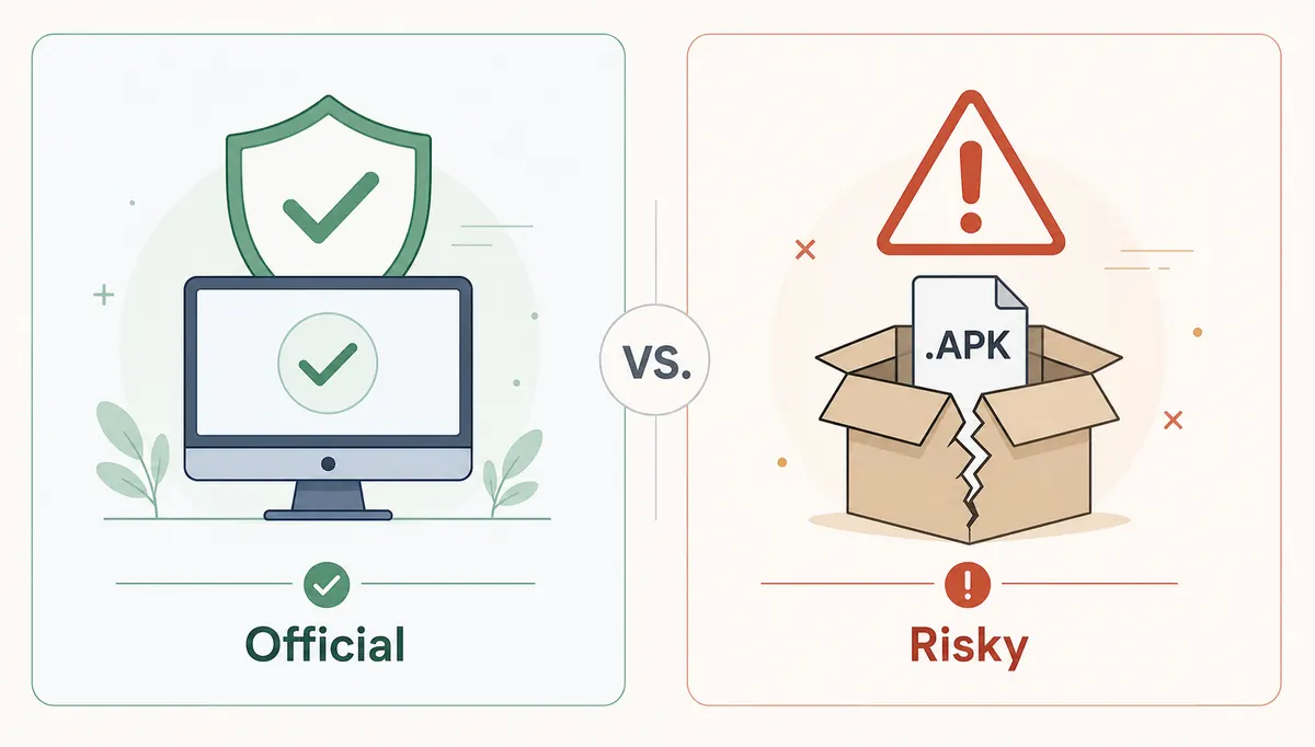 Editorial comparison graphic showing official launcher path versus risky APK mirror downloads