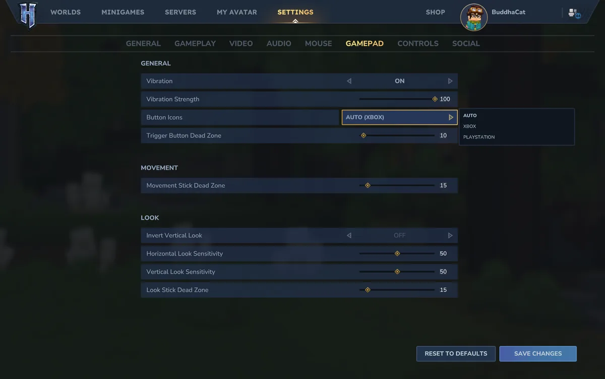 Official Hytale Gamepad settings showing vibration, button icons, dead zones and sensitivity