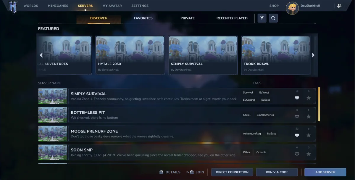 Official Hytale server browser interface from Update 5
