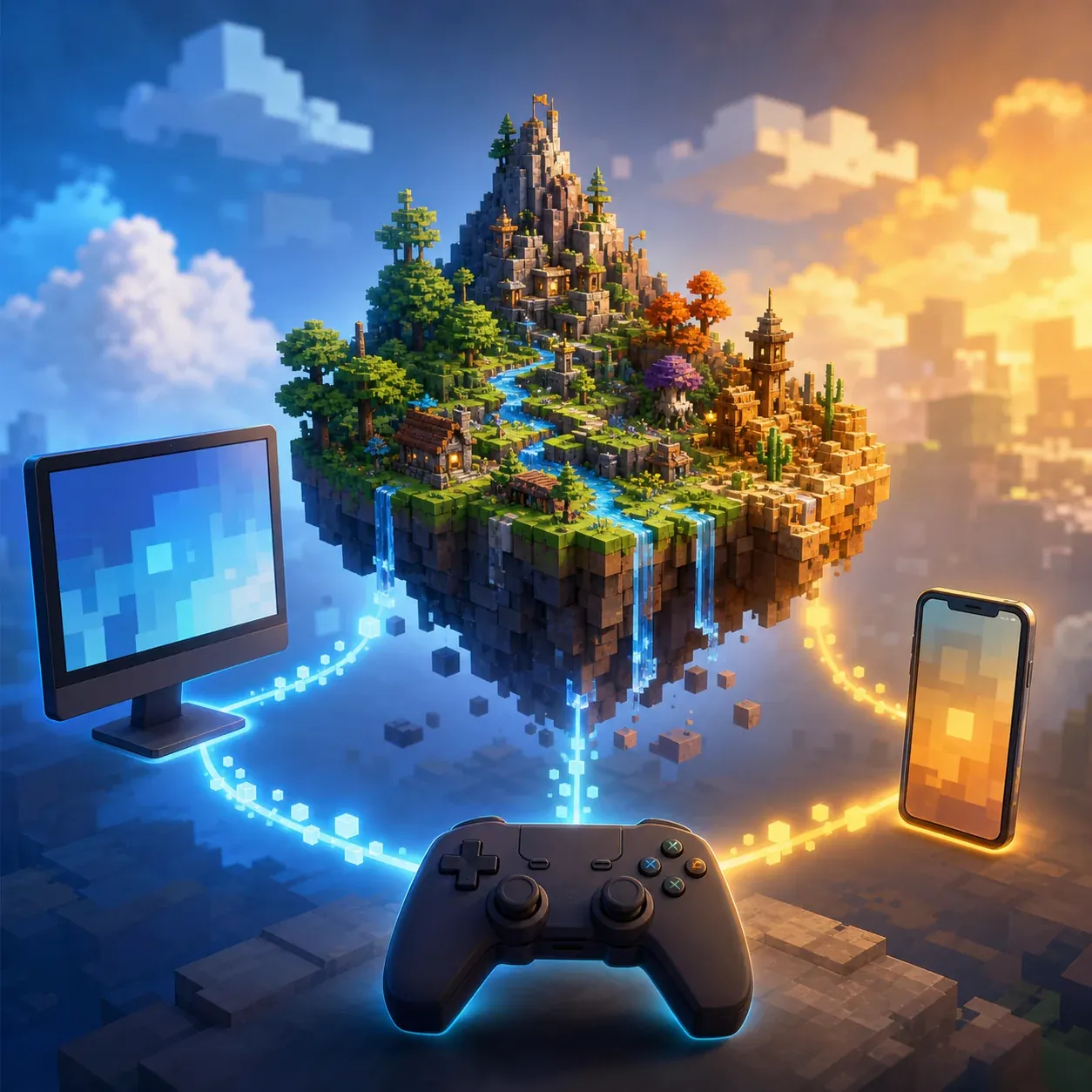 Concept illustration of a blocky fantasy world connected to a desktop computer, controller and phone