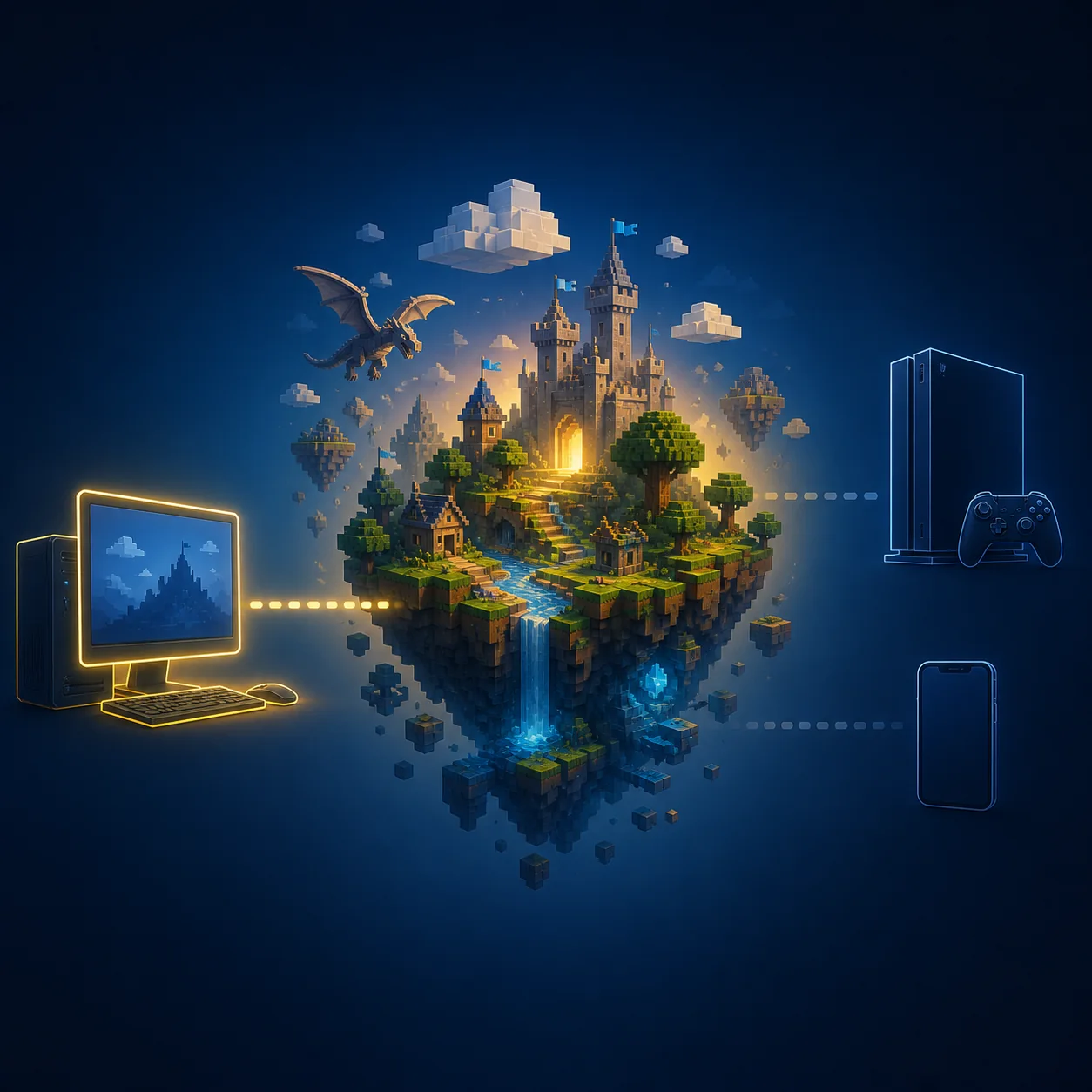 Conceptual platform compatibility diagram with a desktop computer, console silhouette, phone and fantasy world