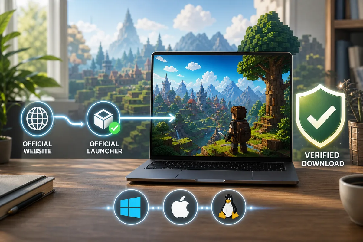 Editorial illustration of the safe Hytale launcher path from official website to verified desktop download