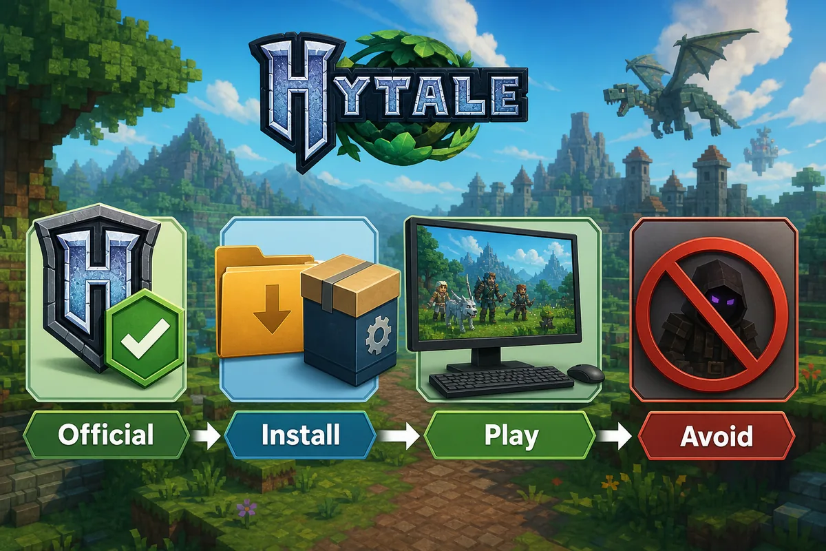 Editorial checklist image showing official Hytale launcher install steps and unsafe launcher warning