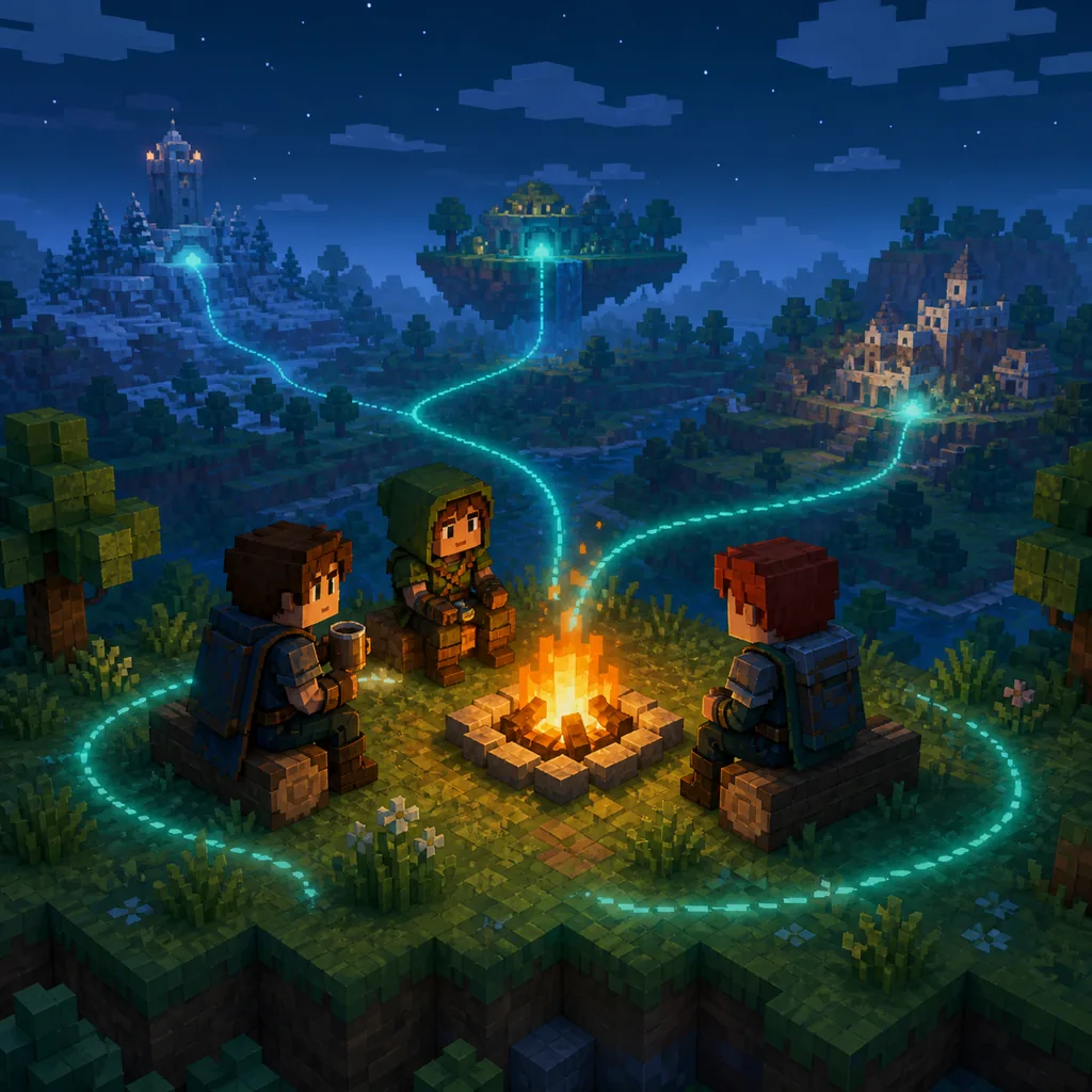 Concept illustration of three blocky fantasy adventurers sharing a Hytale-style world