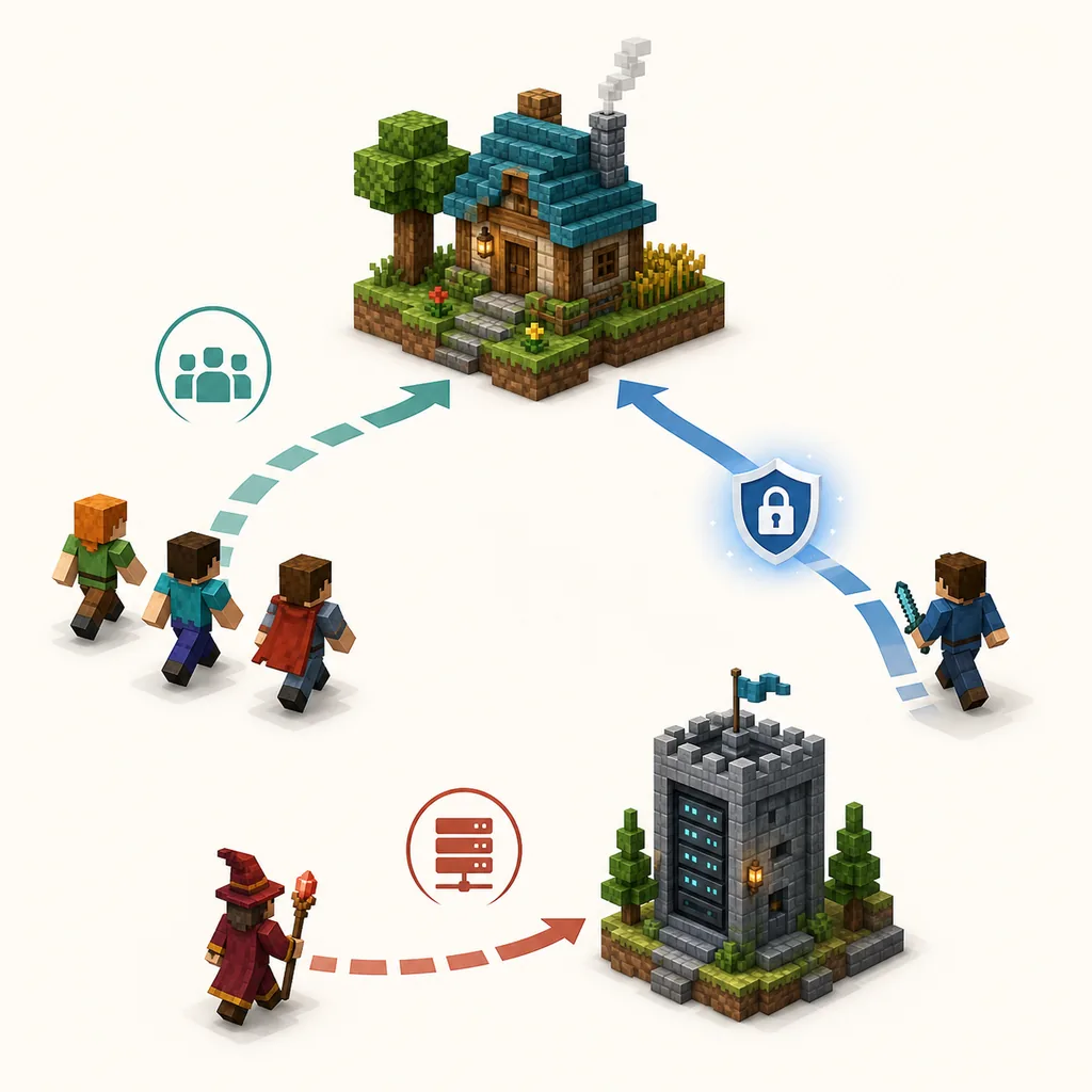 Conceptual comparison of a friend-hosted world, a protected direct connection and a dedicated server