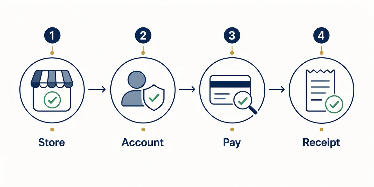 Editorial flow graphic showing official store, account, payment review, and receipt steps