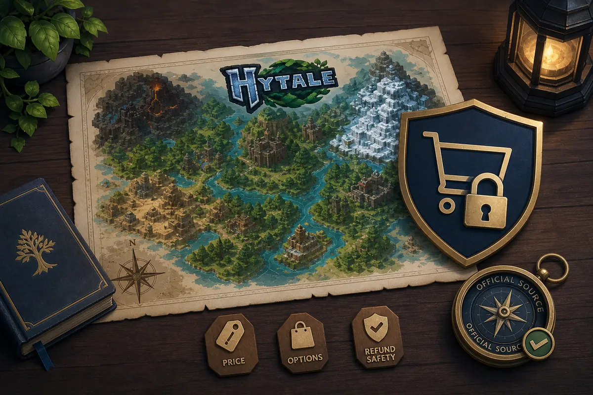 Editorial illustration of Hytale purchase safety, official store checks, and payment planning