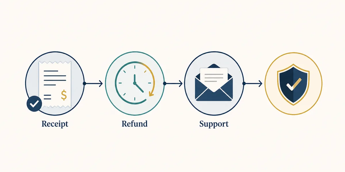 Editorial refund checklist graphic with receipt, clock, support, and shield symbols