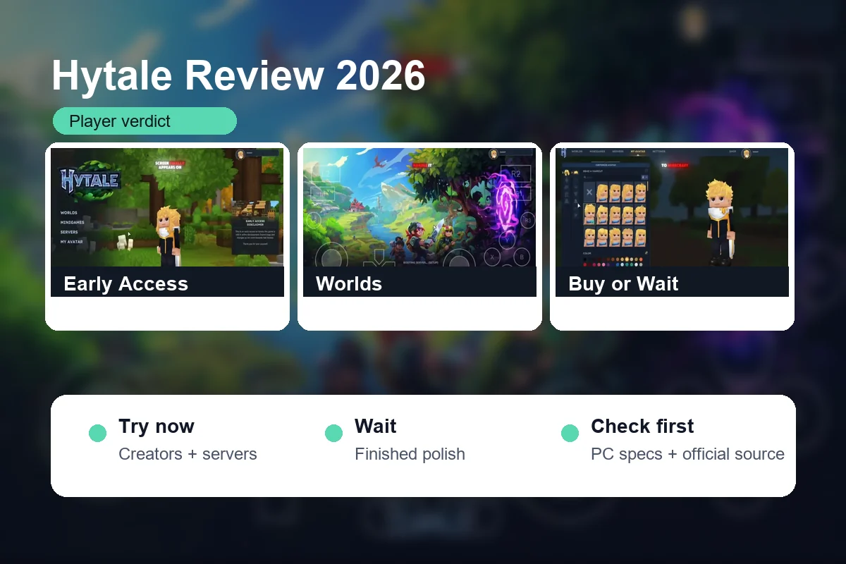 Hytale Early Access review collage showing menu, world exploration, creative tools, and player decision checks