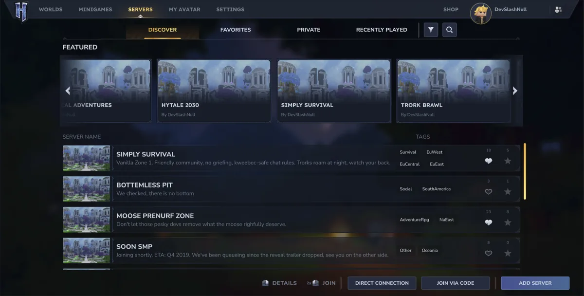 Official Hytale server discovery screen with featured entries, tags and Join controls