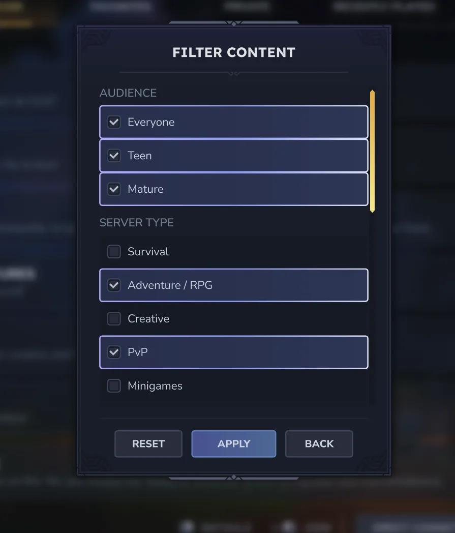 Official Hytale server filter panel showing audience and server type choices