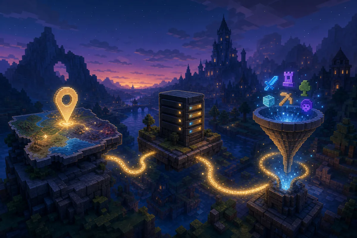 Conceptual illustration showing a map pin, a Hytale-style server tower and a filter funnel connected by a path
