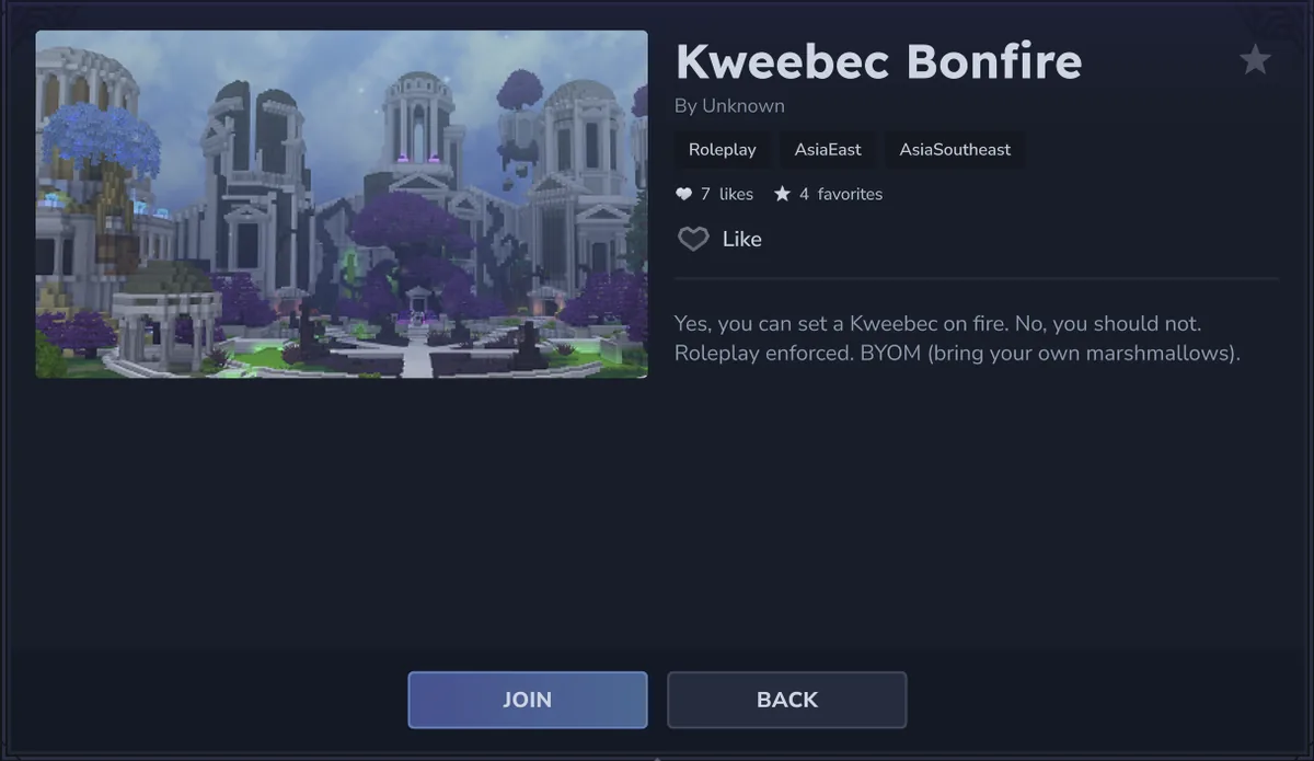 Official Hytale server profile showing an image, creator name, tags, likes and Join button