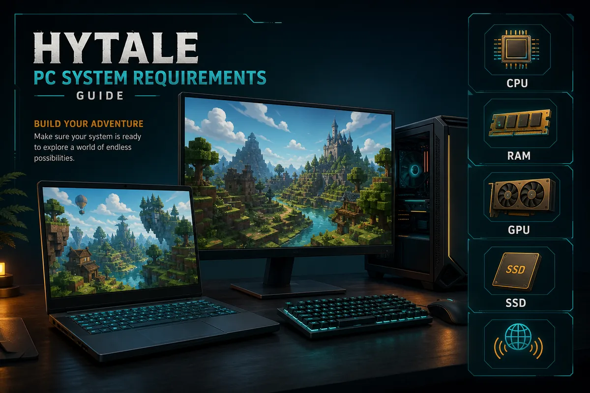 Hytale system requirements guide showing CPU, RAM, GPU, SSD, and network checks for a gaming PC