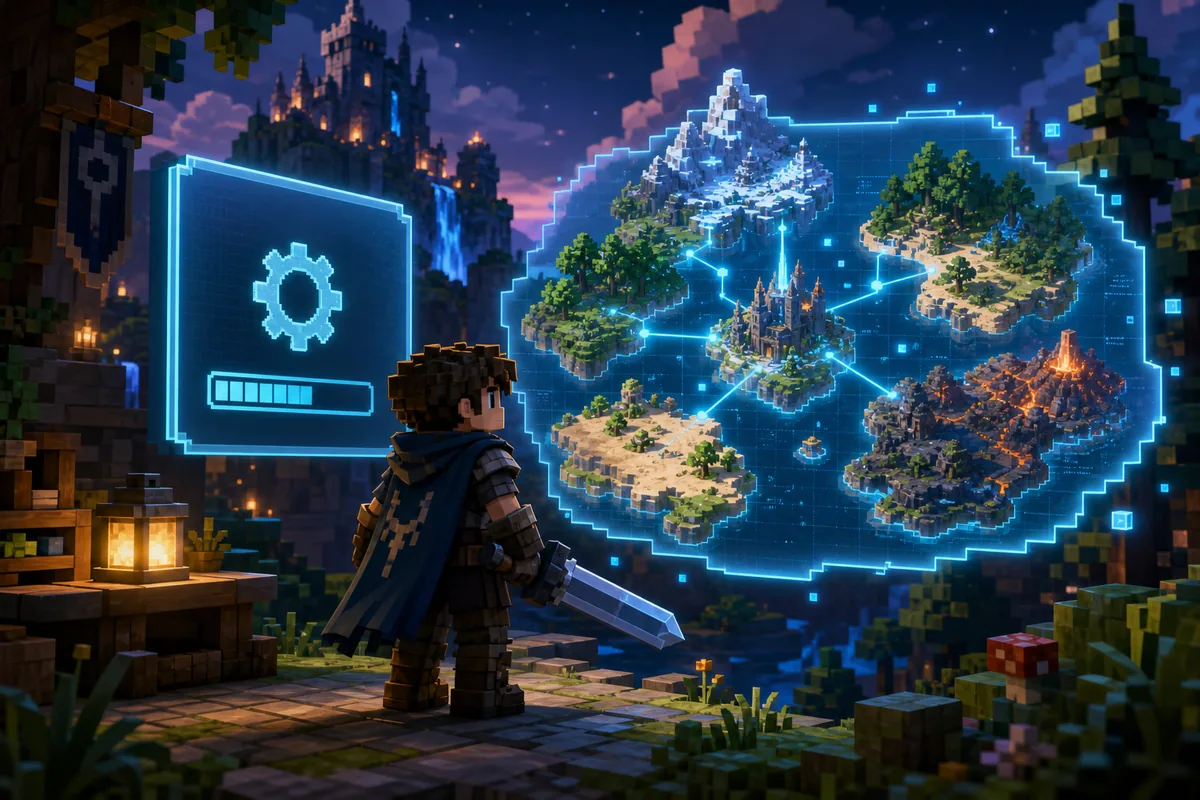 Illustrative Hytale Update 5 guide image with a launcher update panel and connected voxel islands