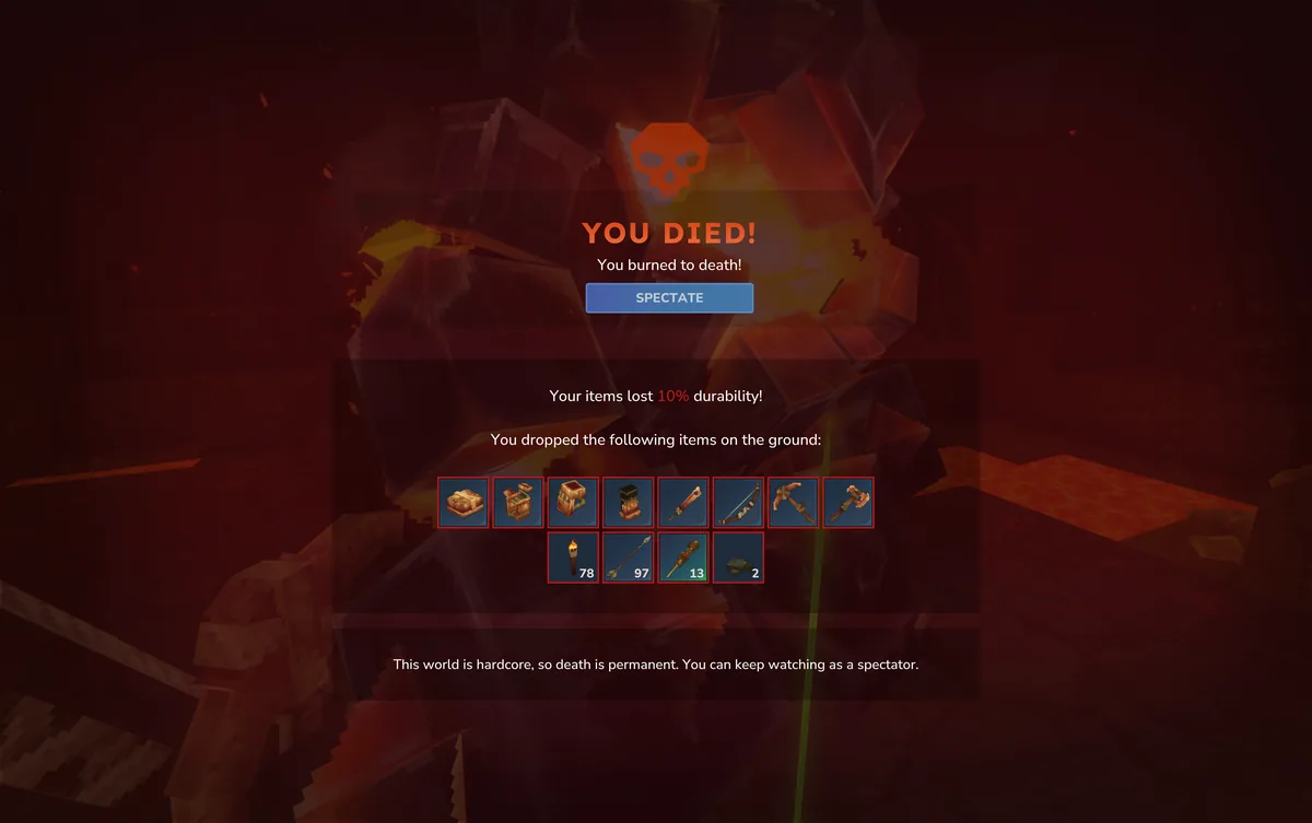 Official Hytale Update 6 pre-release preview of Hardcore death and Spectator mode
